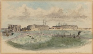 Tekening van Willem Steelink uit 1880. Loodsen van Bontekoning en Aukes gezien vanaf de huidige Tasmanstraat.